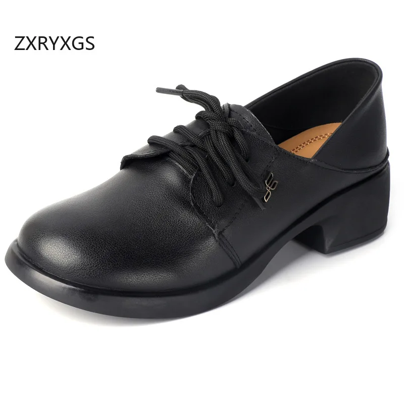 

ZXRYXGS Топ из воловьей кожи в британском стиле на толстом среднем каблуке со шнуровкой, осень 2023, элегантная удобная модная обувь, модная обувь большого размера