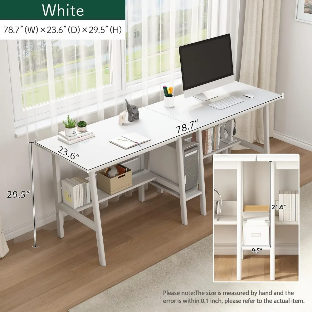 2-Person Writing Desk with Bookshelf, Wooden Extra Long Home Office Worktable, Study Computer Workstation White, Study Desk