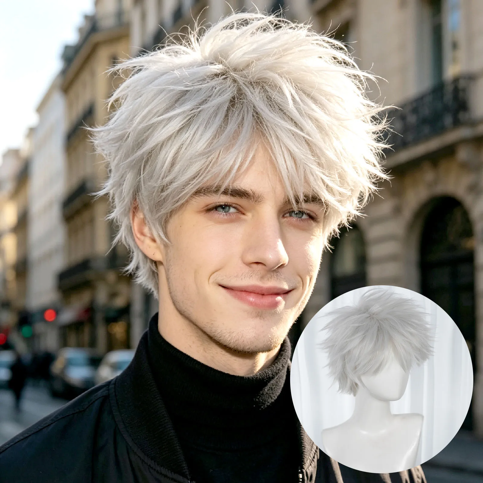 Silver White Spiky Messy Short Coswig Fluffy Layered Anime Punk Style Synthetic Wig Unisex For Halloween Theme Party Role Play