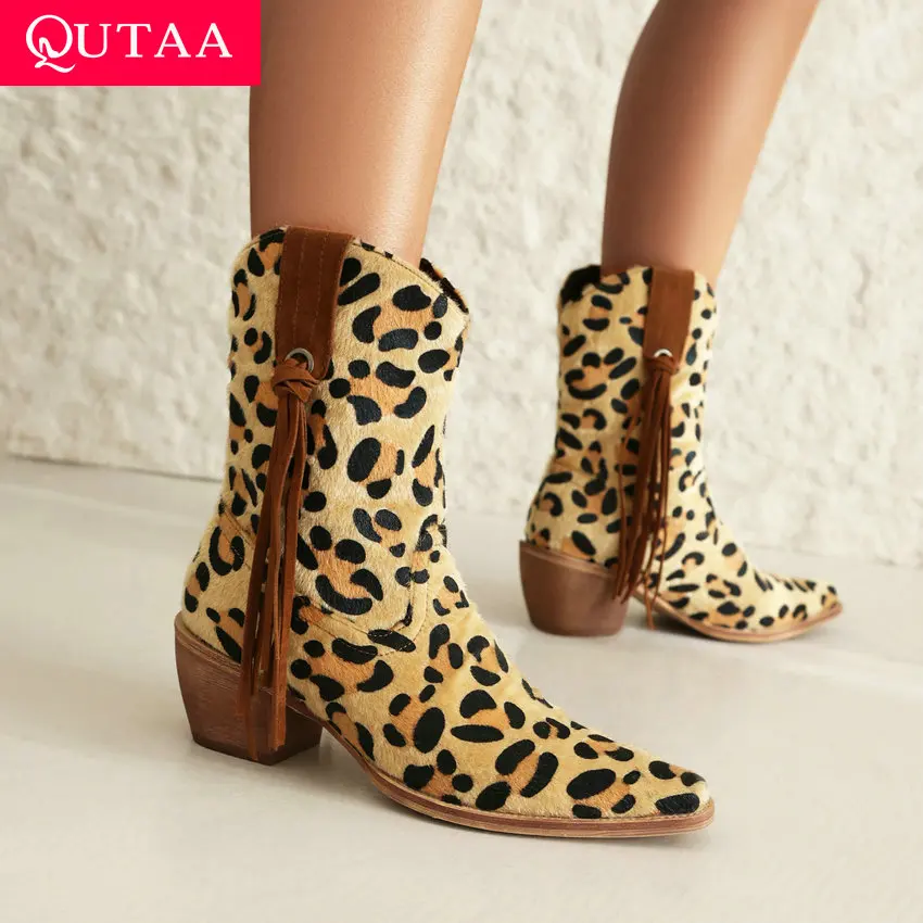 QUTAA 2024 Women Ankle Boots PU Leather Square High Heel Pointed Toe Office Lady Leopard Autumn Winter Shoes Woman Size 34-43