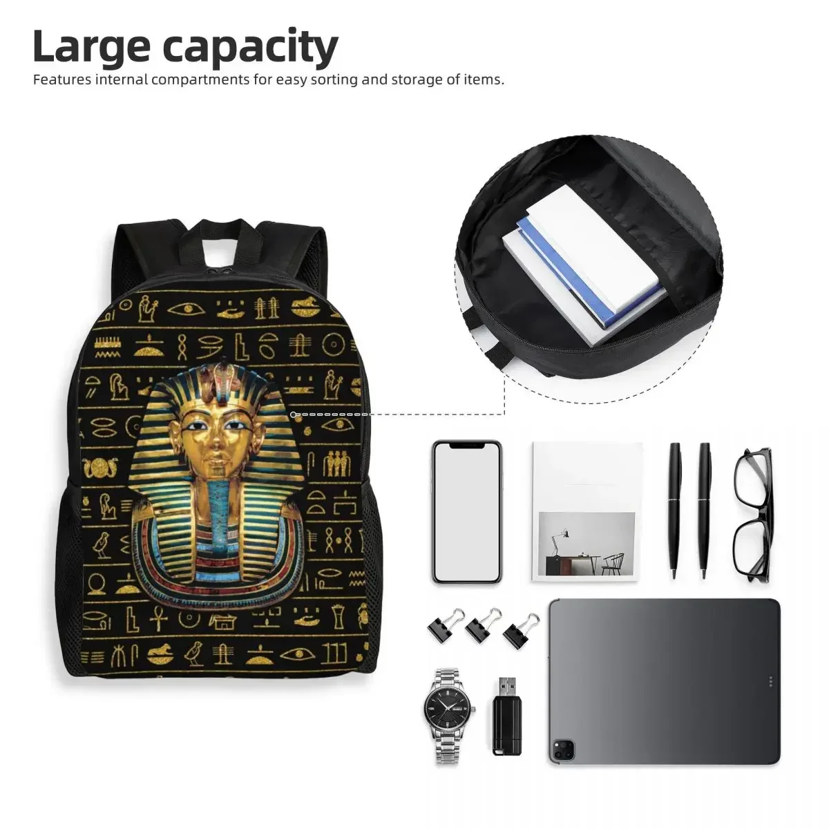 Ancient Gold Pharaoh Egypt King Tut Travel Backpack School Laptop Bookbag Egyptian Hieroglyphic College Student Daypack Bags
