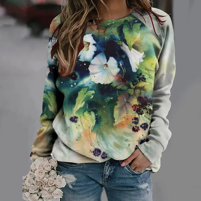 Women\'s Flower Painted Printing Round Neck Long Sleeve Sweatshirt Women\'s Hoodie Loose and Versatile Fashion Y2K Women\'s Hoodie