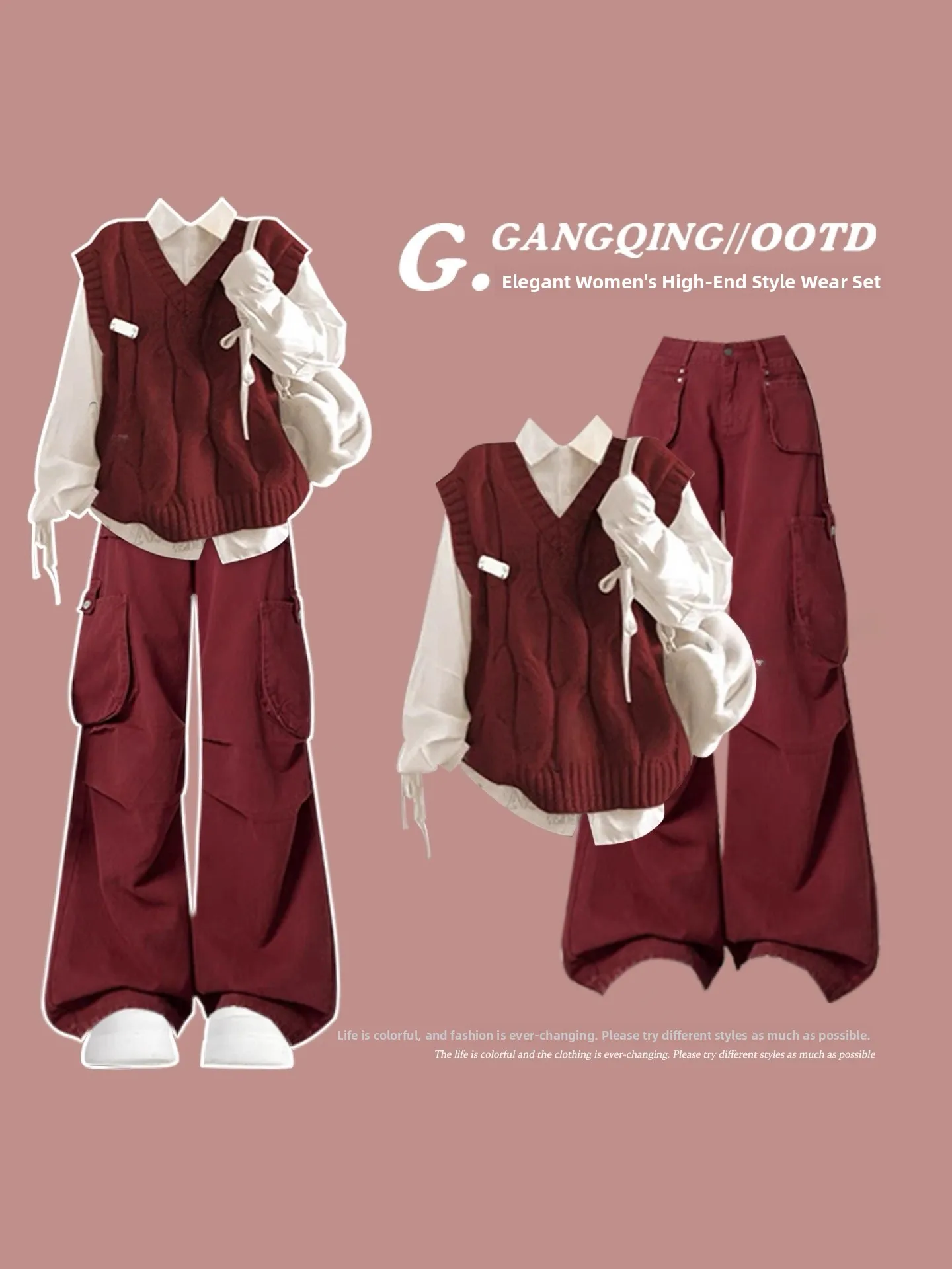 

Cool And Sli Korean Sle College Faion Set Red Vest Whole Suite Autumn Collection Trendy And Attractive Women's Wear