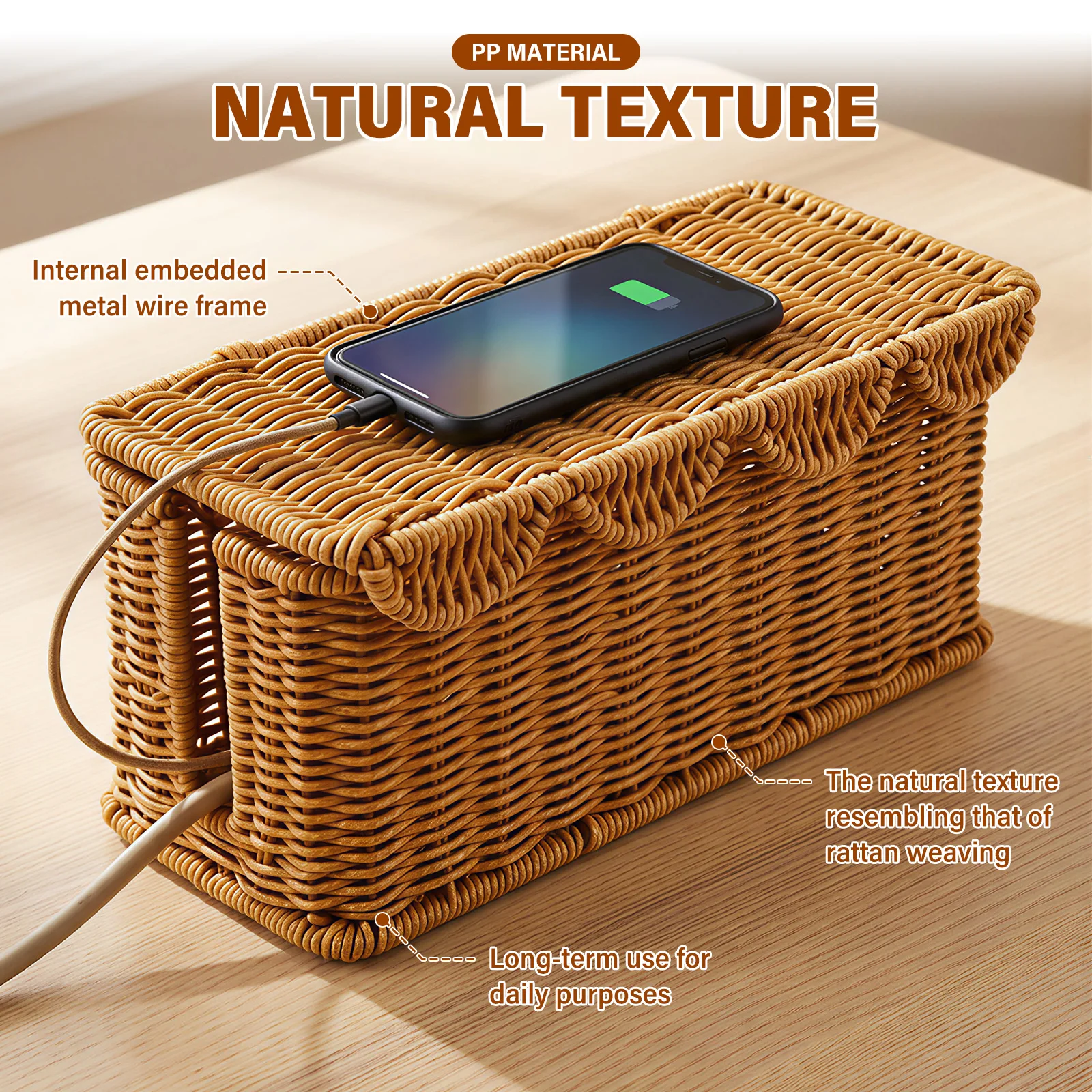 Handcrafted Rattan Cable Management Box Cords Hider Storage Office Desk Charger Socket Network Cord Organizer view 4