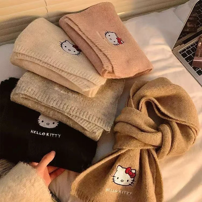 サンリオ ハローキティ ニットウールスカーフ 冬用 女性用 厚手 暖かい 日本製ウールスカーフ ウールスカーフ付き