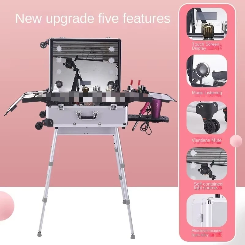 Aluminum Alloy Bluetooth Trolley Case for Makeup Artists Foldable Multifunctional Tattoo Beauty Toolbox Lights Tie Rod Cosmetic