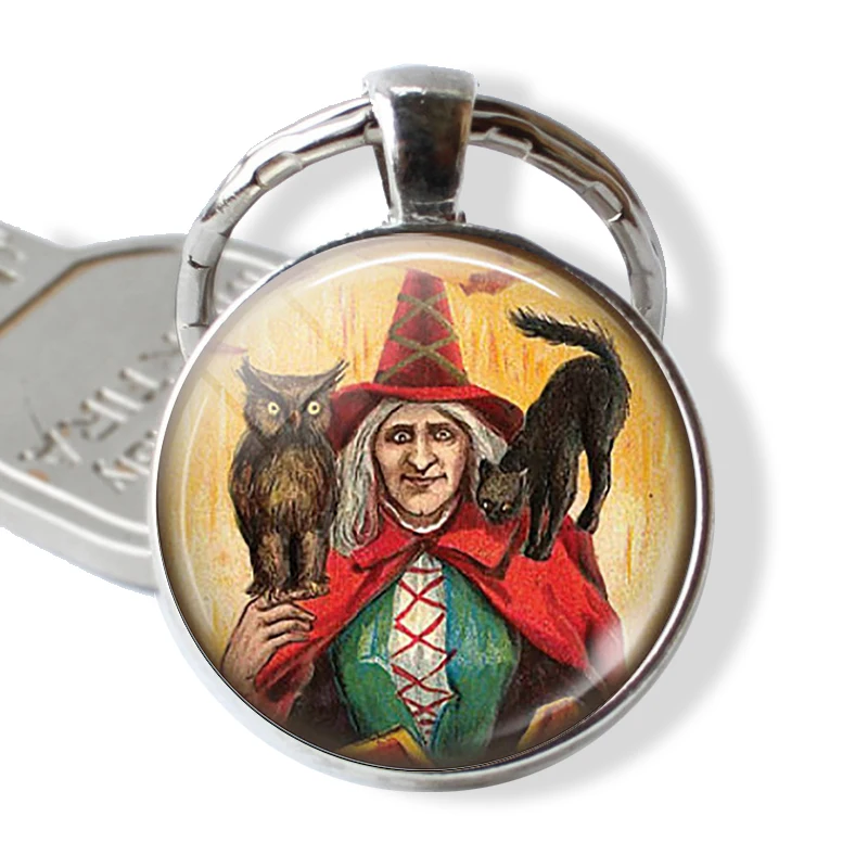 BLACK CAT Quote Keychain Lovers Keyring Cat with Broom Witch Glass Vintage Kitten Jewerly Black Cat Cabochon Key Chain Ring