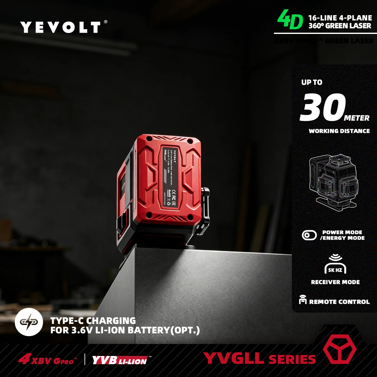 Niveau laser vert YEVOLT 4D 16 lignes auto-nivelant 4x360 °   Base rotative pour laser à lignes croisées horizontales et verticales pour la construction