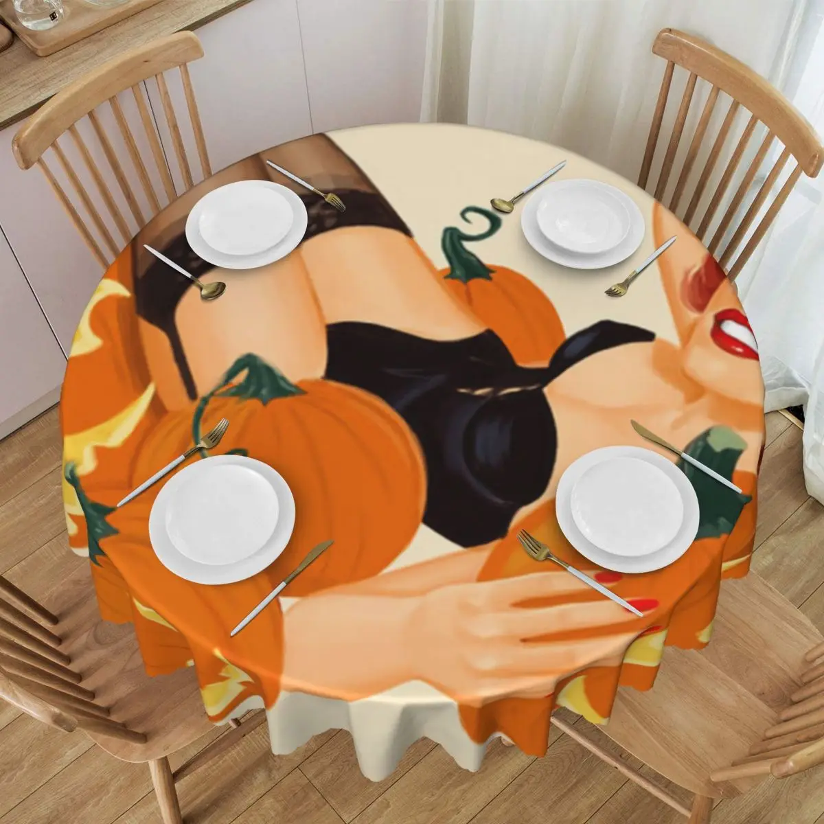 Custom Witch Pumpkin Pin Up Tablecloth Waterproof Oil-Proof Table Cover Halloween Illustration Autumn Decoration Table Cloth