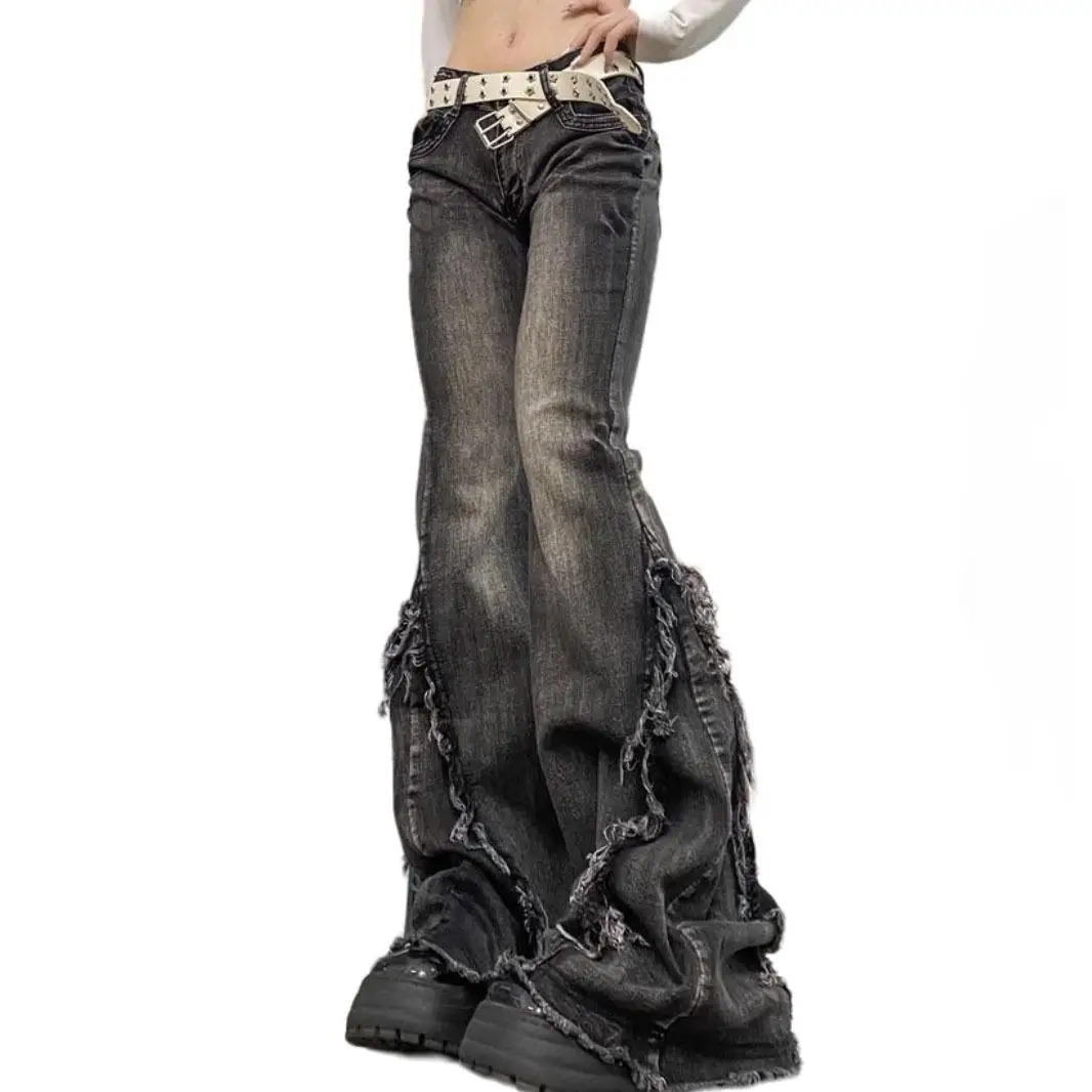 

Low Waist Micro Flared Jeans for Women's Clothing with Fringed Design Cotton Blend Tight Fit Slightly Stretchy Bla Denim