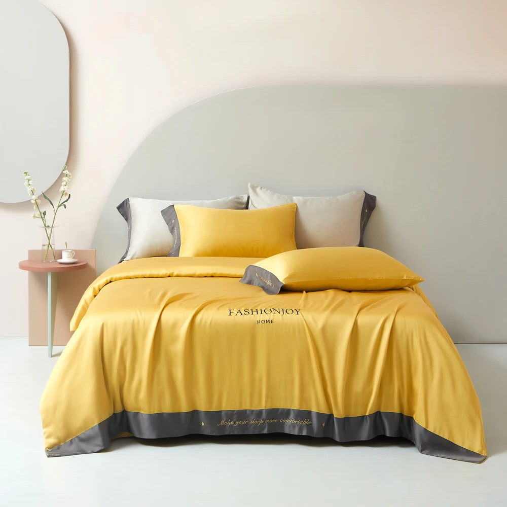 

2023 four-piece bedding simple cotton double household bed sheet quilt cover embroidered twill comfortable bedding yellow color