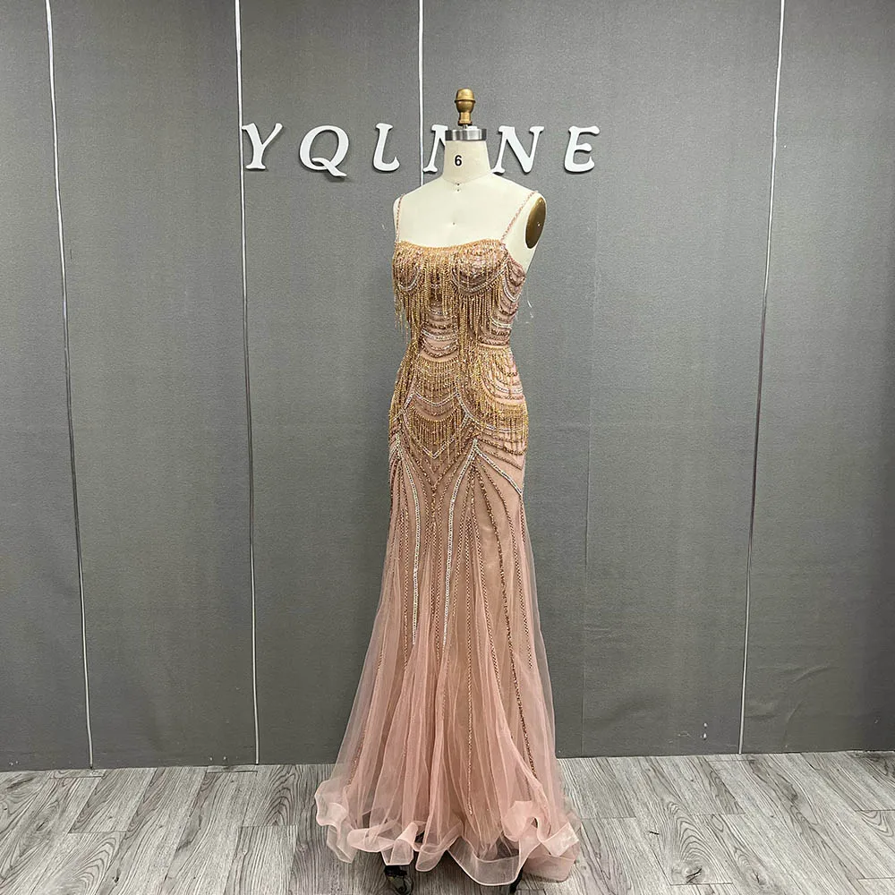 YQLNNE Luxury Rose Gold Rhinestones Long Prom Dresses Spaghetti Pendants Beaded Mermaid Eventing Gown Lace-up