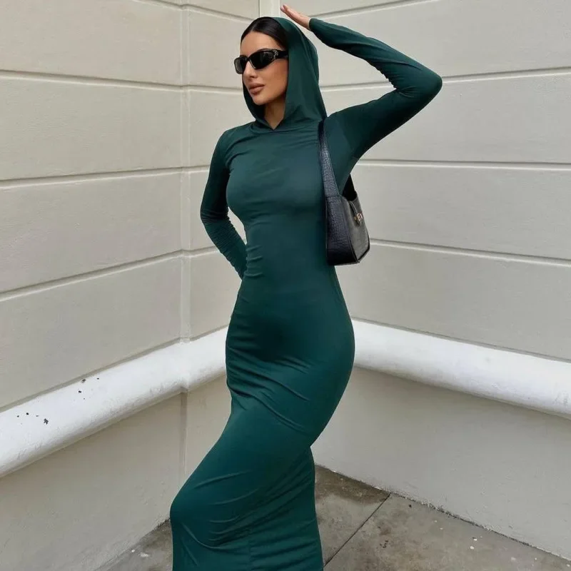 Women Spring and Summer Solid Slim-fit Base Dress Bodycon Dress Individuality Casual Hoodie Long Dress Long Sleeve Chic Clothing