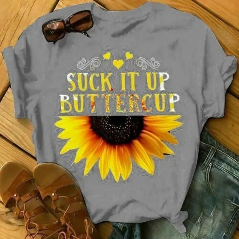 Print T Shirt SUCK IT UP BUTTERCUP Letter Sunflower Women Short Sleeve Tee O Neck Loose T-shirt Summer Women Tops Mujer Shirt