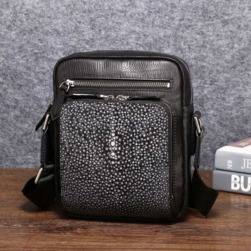 Winter New High Quality Pearl Fishskin Men's Shoulder Bag Genuine Leather Men's Bag Fashion Casual Crossbody Bag