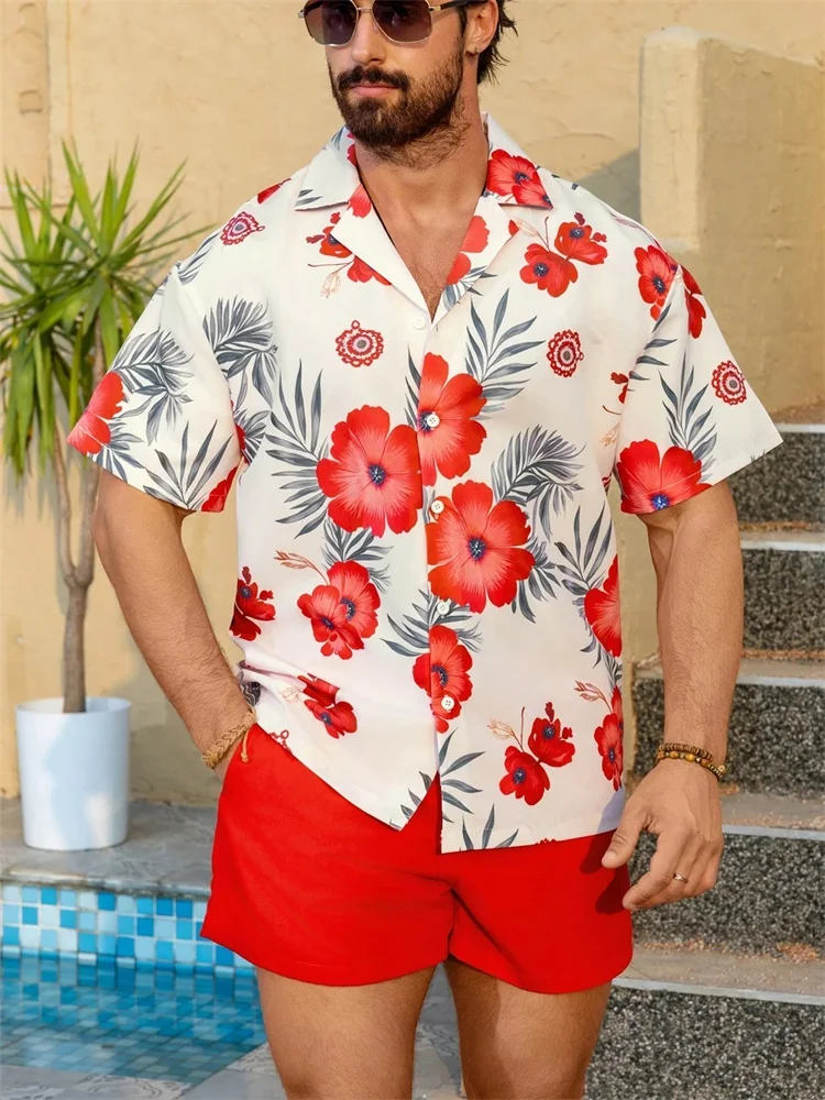 

Мужской комплект рубашек с короткими рукавами 2025 года с красными цветочными принтами модный и подходящий для летних каникул и отдыха.