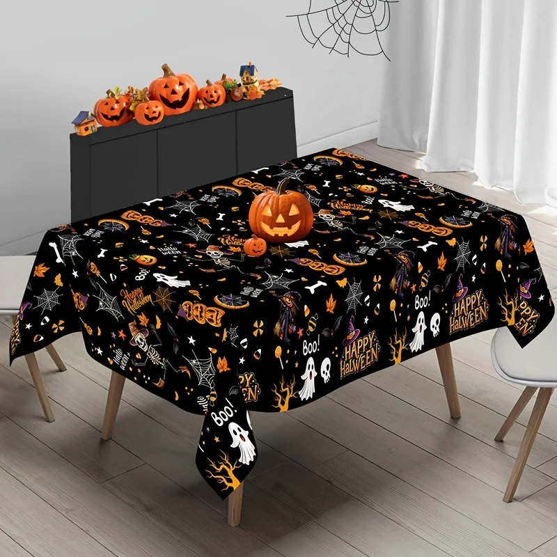 1pc Happy Halloween Tablecloth, Pumpkin Ghost And Skeleton Designs, 51.18 X 86.61inch Disposable Plastic Rectangular Tablecloth,