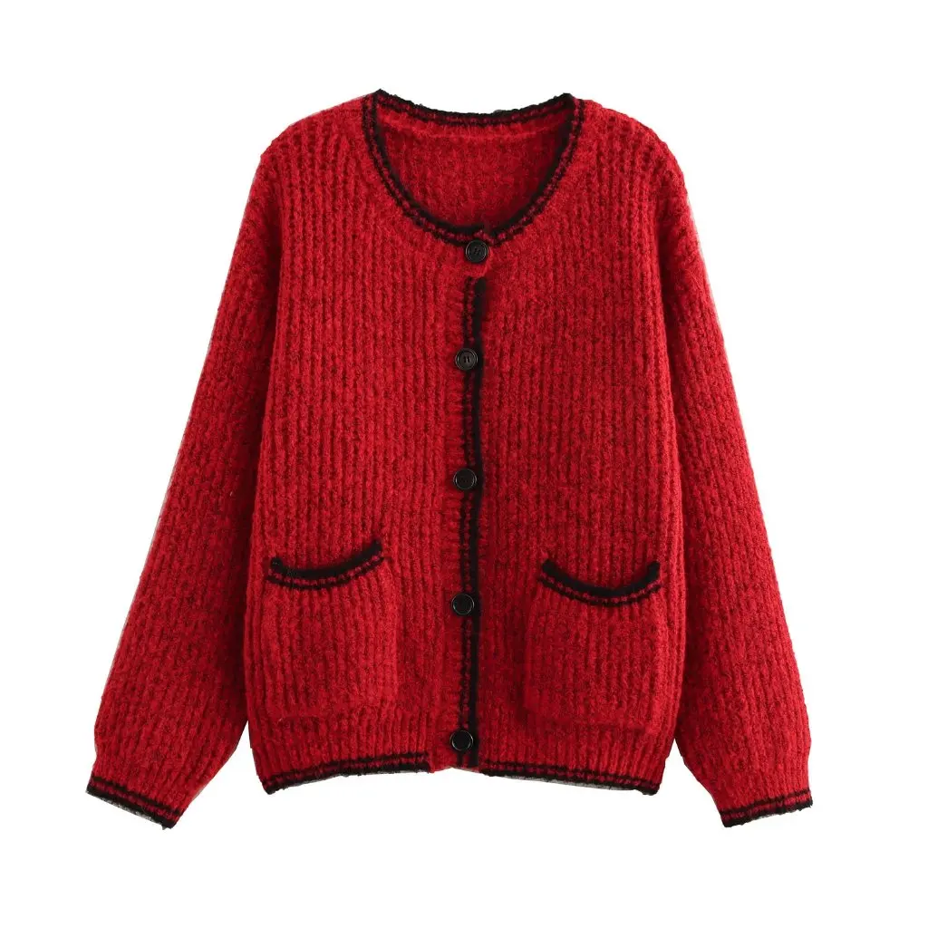 

European American Fashion Long Sleeve Knitted Cardigan Women's round Neck Sweater Color Matched Winter Outerwear G42776