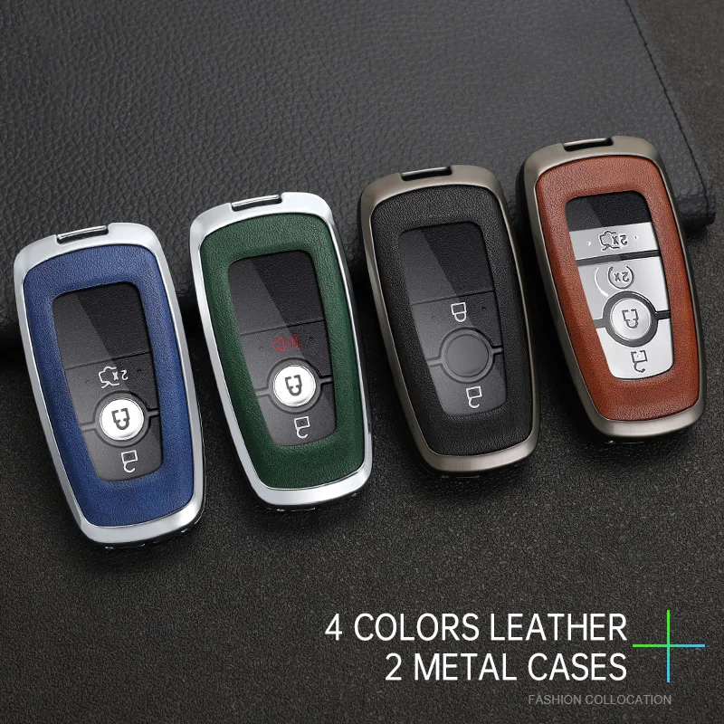 Zinc Alloy Leather Car Key Case Cover For Ford Bronco Edge Fusion Mustang Explorer F150 F250 F350 Ecosport Keychain Accessoeries