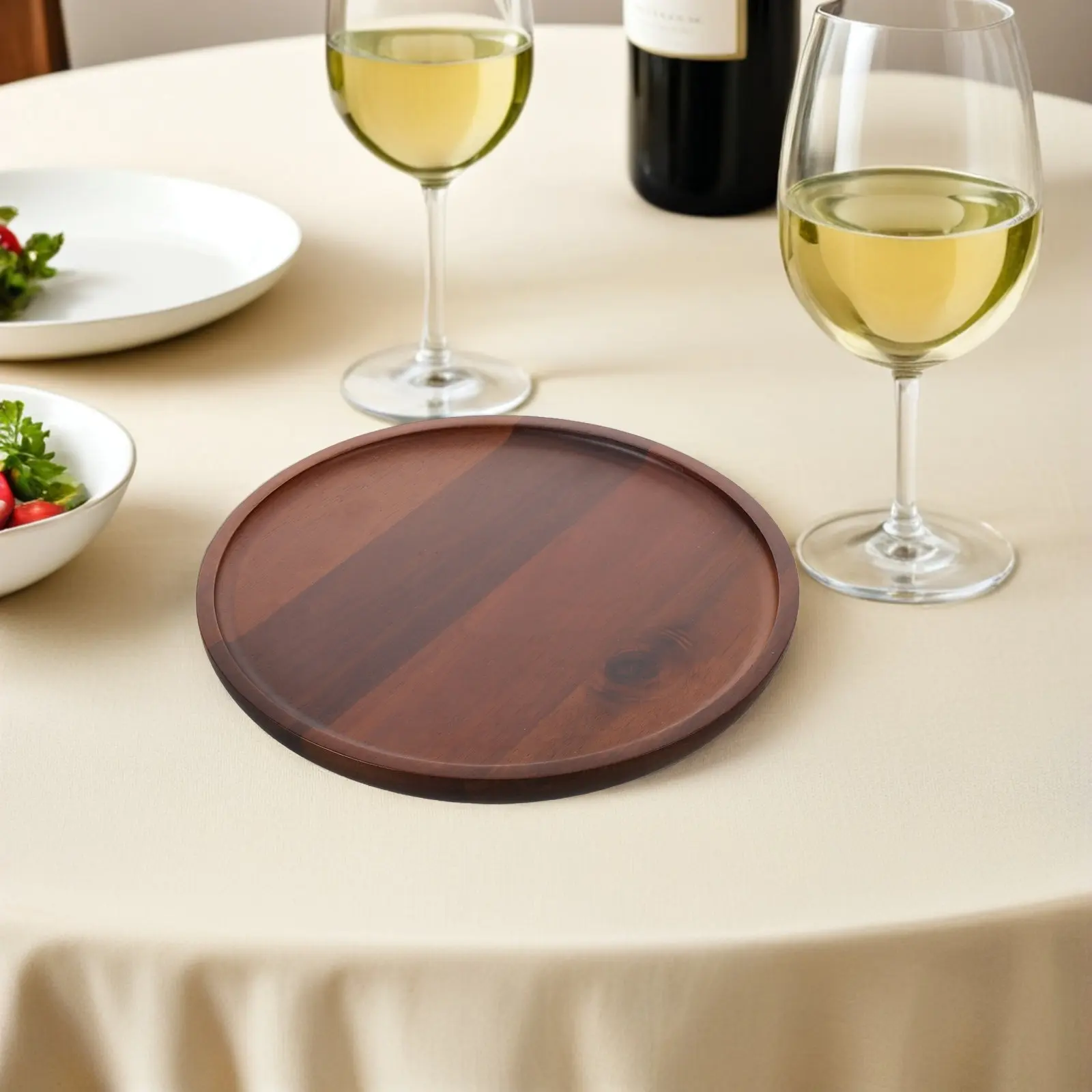Round Wood Serving Tray 8 Inch Decorative Vanity Tray Snack Serving Platter Fruit Plate Waterproof Rustic Farmhouse Style