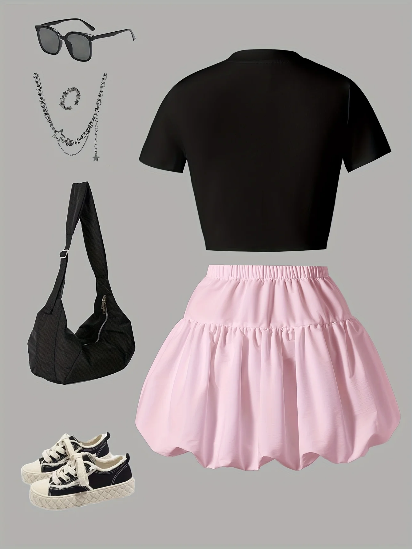 Girls' Summer Casual Outfit: Bow Print Short-Sleeve Top and Lantern Skirt Two-Piece Set in Pink and Black, Fashionable and Versatile, Suitable for 8-12 Year Old Children, Home and Outing Wear