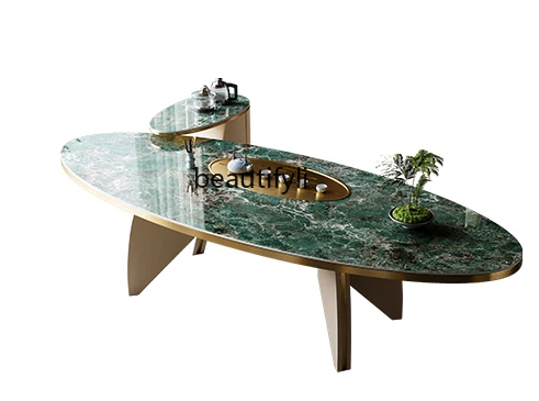 Large Board Light Luxury Stone Plate Designer High Sense Tea Table Villa Living Room Oval Stone Plate Kombucha Table and Chair