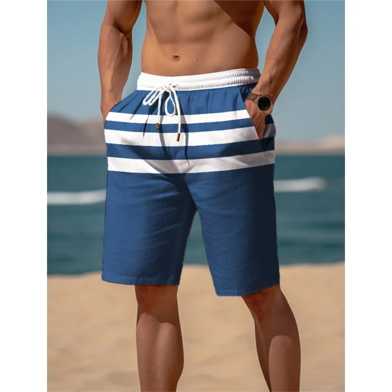3D Printed Colorful Stripes Short Pants For Men Color Block Pattern Swim Trunks Casual Swimwear Beach Sports Surf Board Shorts