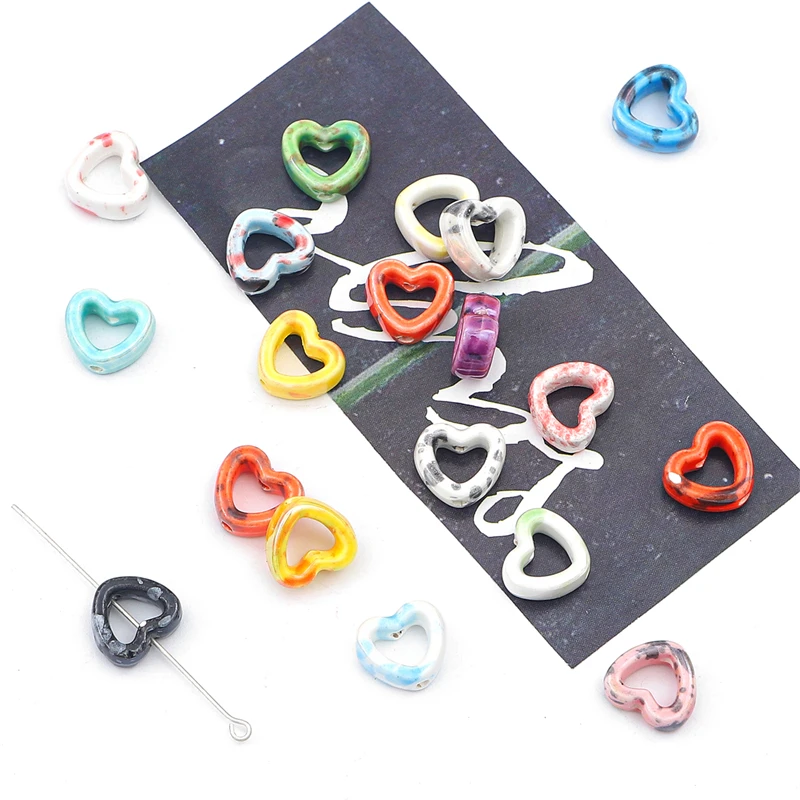 4/8pcs 12x13mm Hollow Colorful Heart Ceramic Beads Loose Bead For Diy Jewelry Making Necklace Bracelet Earrings Accessories