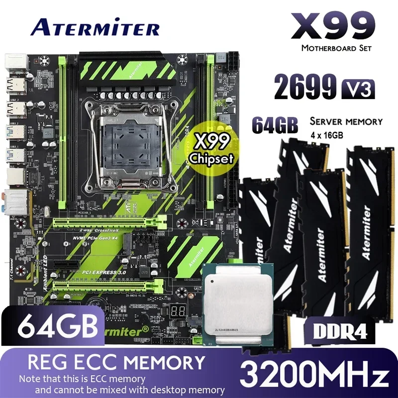 Комплект материнской платы Atermiter X99 D4 DDR4 с процессором Xeon E5 2699 V3 LGA2011-3 (4 шт. X 16 ГБ) = 64 ГБ 3200 МГц DDR4 PC4 REG ECC RAM Memor