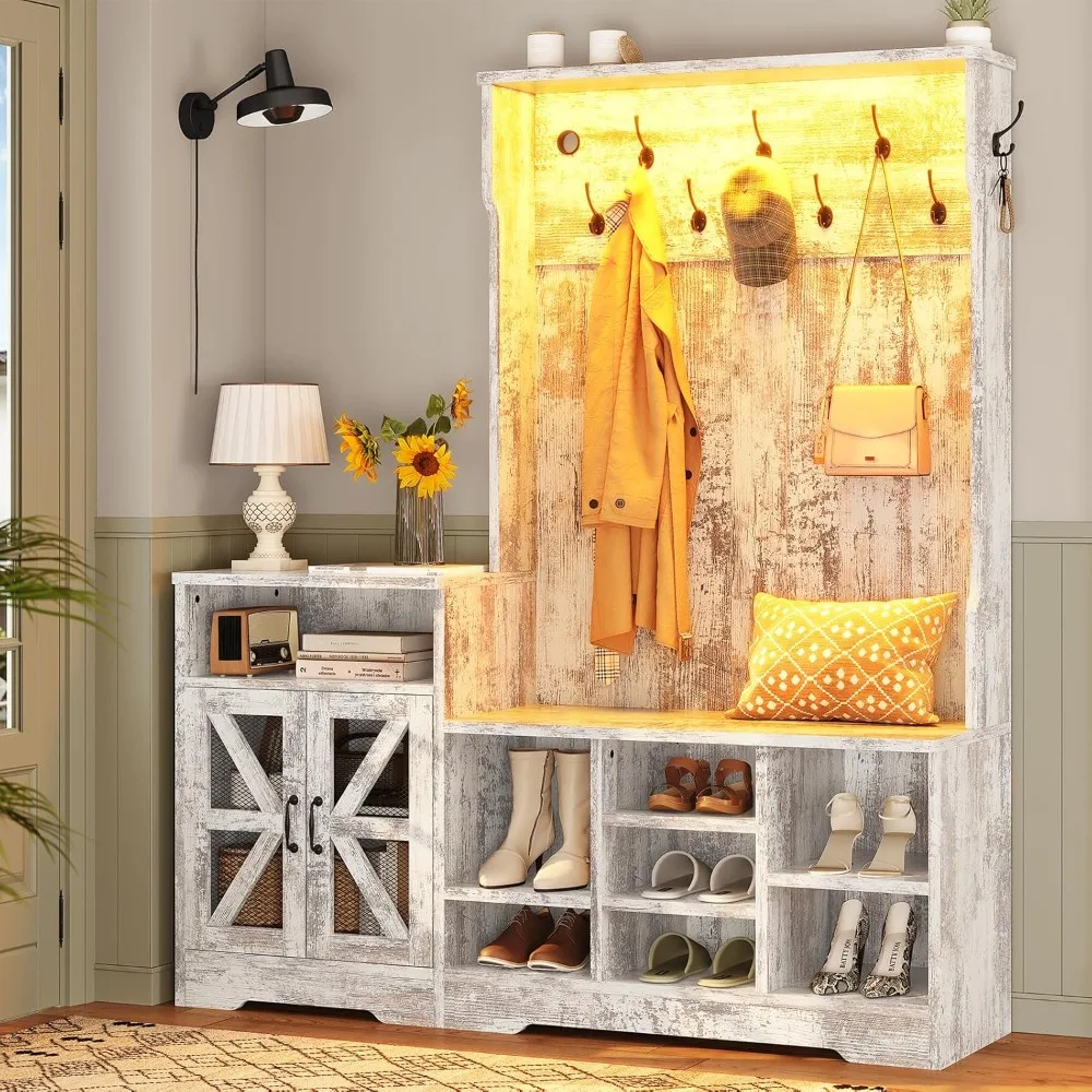 

Wardrobe with Bench and Shoe Cabinet, Entrance Bench with Clothes Hanger, Modern Style with Storage Cabinet