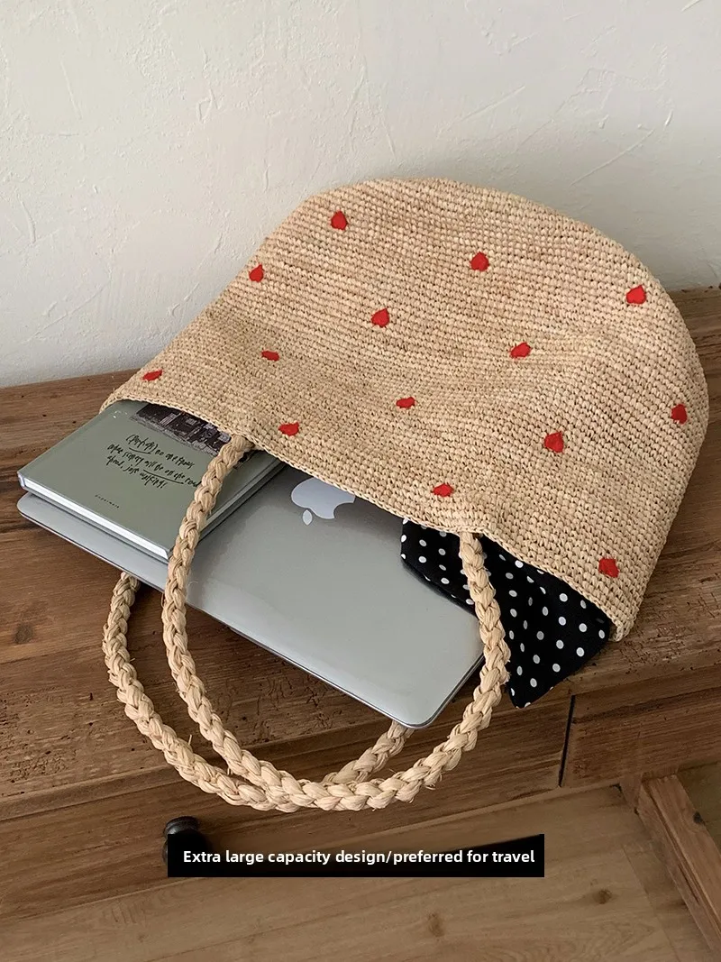 

Large Capaci Polka Dot Tote Bag with Hat Handwoven Rfia St Vaion oulder Bag Versatile Casual ex Basket Bag