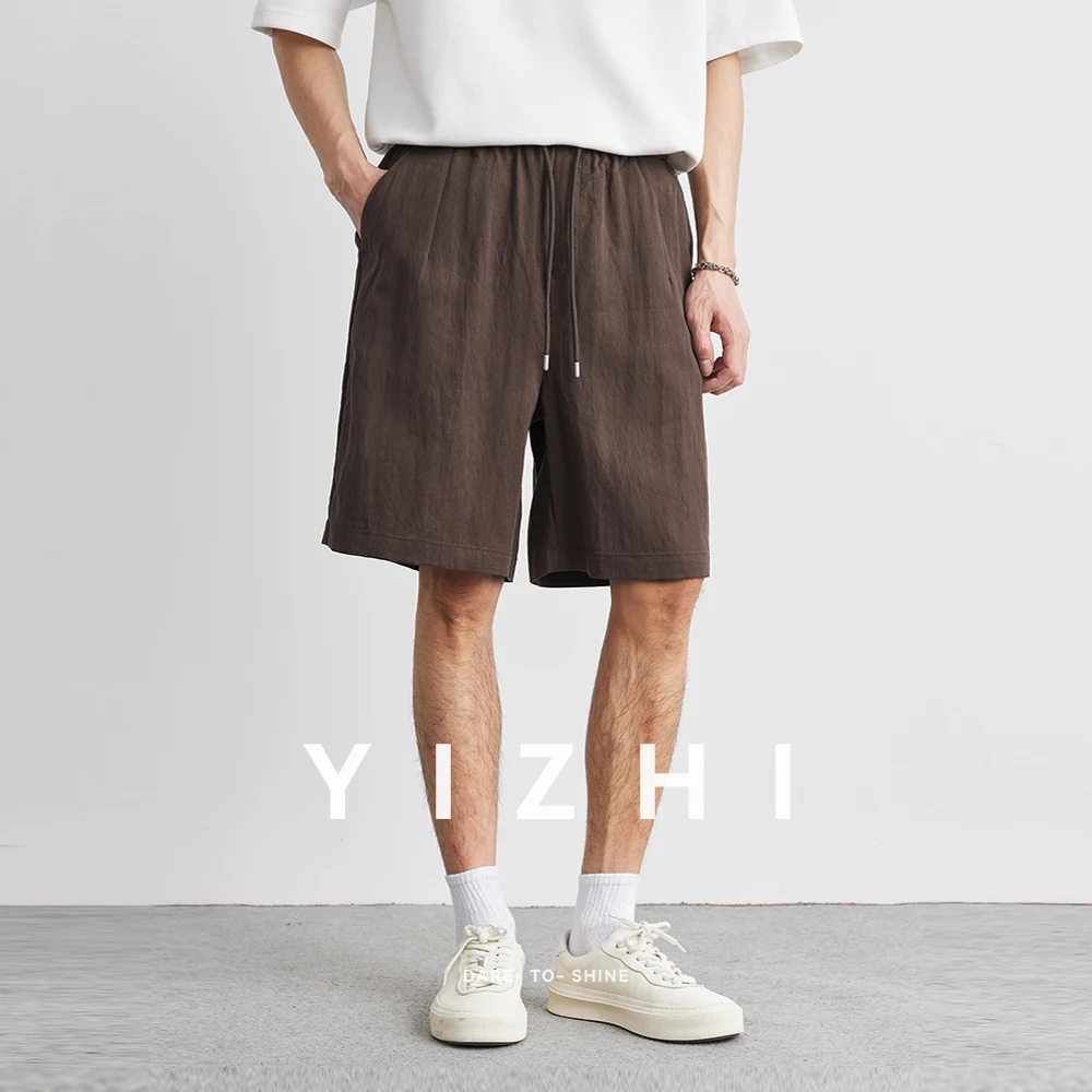 Men Retro Thin Tencel Shorts Summer New Loose Fashion Solid Color Wide Leg Shorts Outdoor Leisure Beach Pocket Drawstring Pants