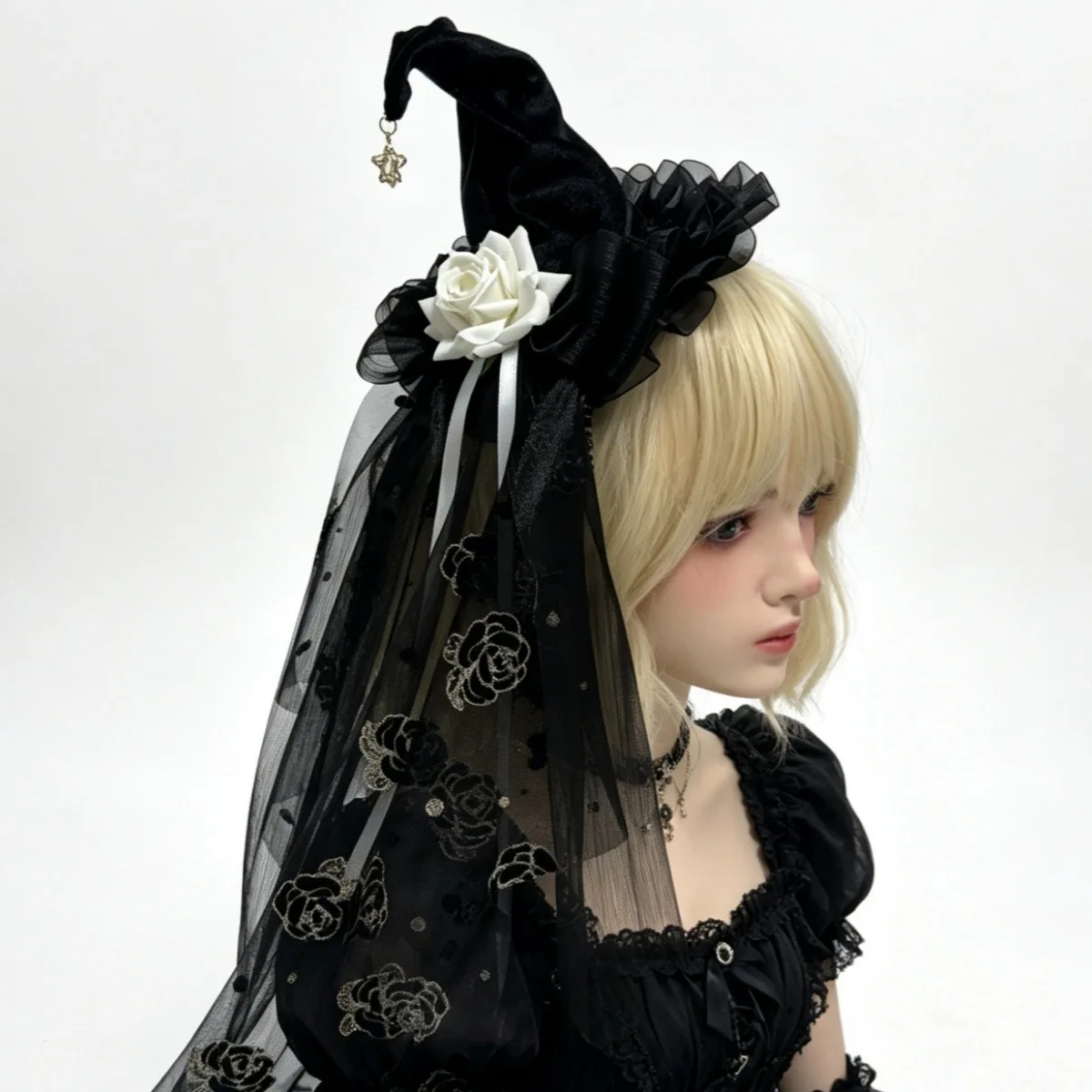 

Lolita Cothic Dark Rose Top Hat lace Halloween Witch Hair Accessories