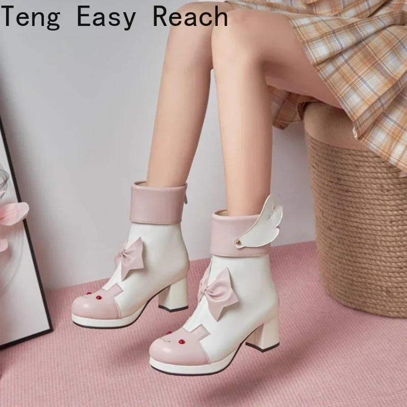 

2025 Botas De Mujer Women Cosplay Shoes Children's Lolita Short Princess Dress Booties Heels Sweet Wings Size 43