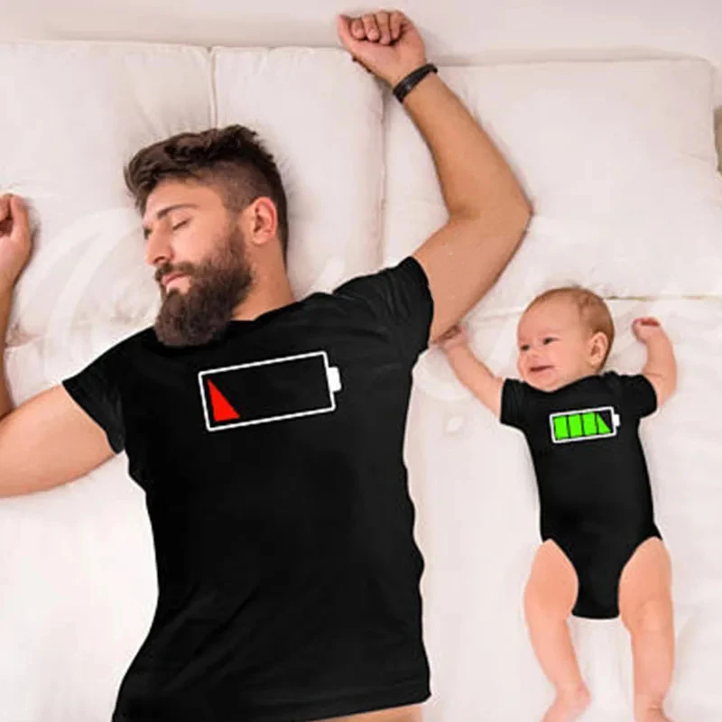 Funny Battery Print Family T Shirt Daddy Son Family Matching T-shirts Parent-child Family Clothes Kids Casual Tops Tees