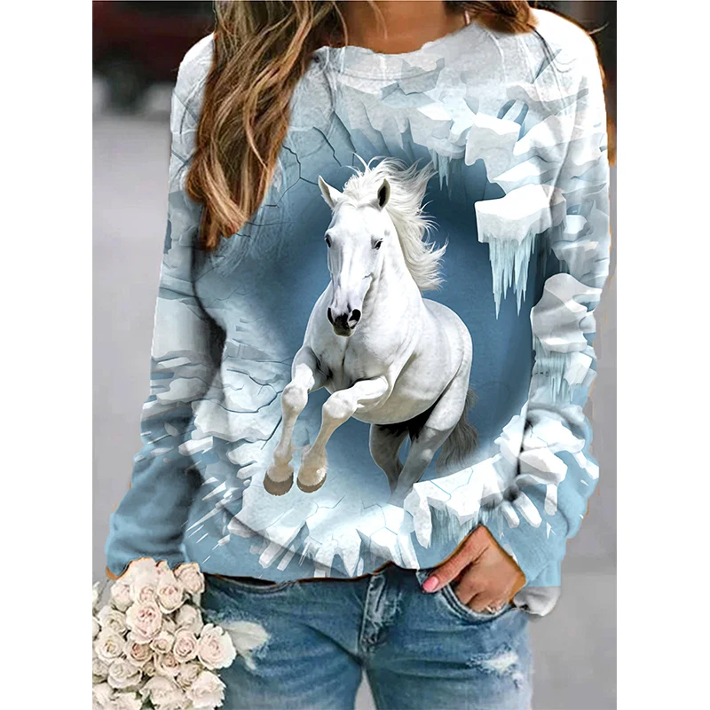 Autumn Horse Sweatshirts Animal 3D Print Hoodies Women Fashion Long Sleeve Y2k Hoodie Oversized Pullovers Tops Female Clothing