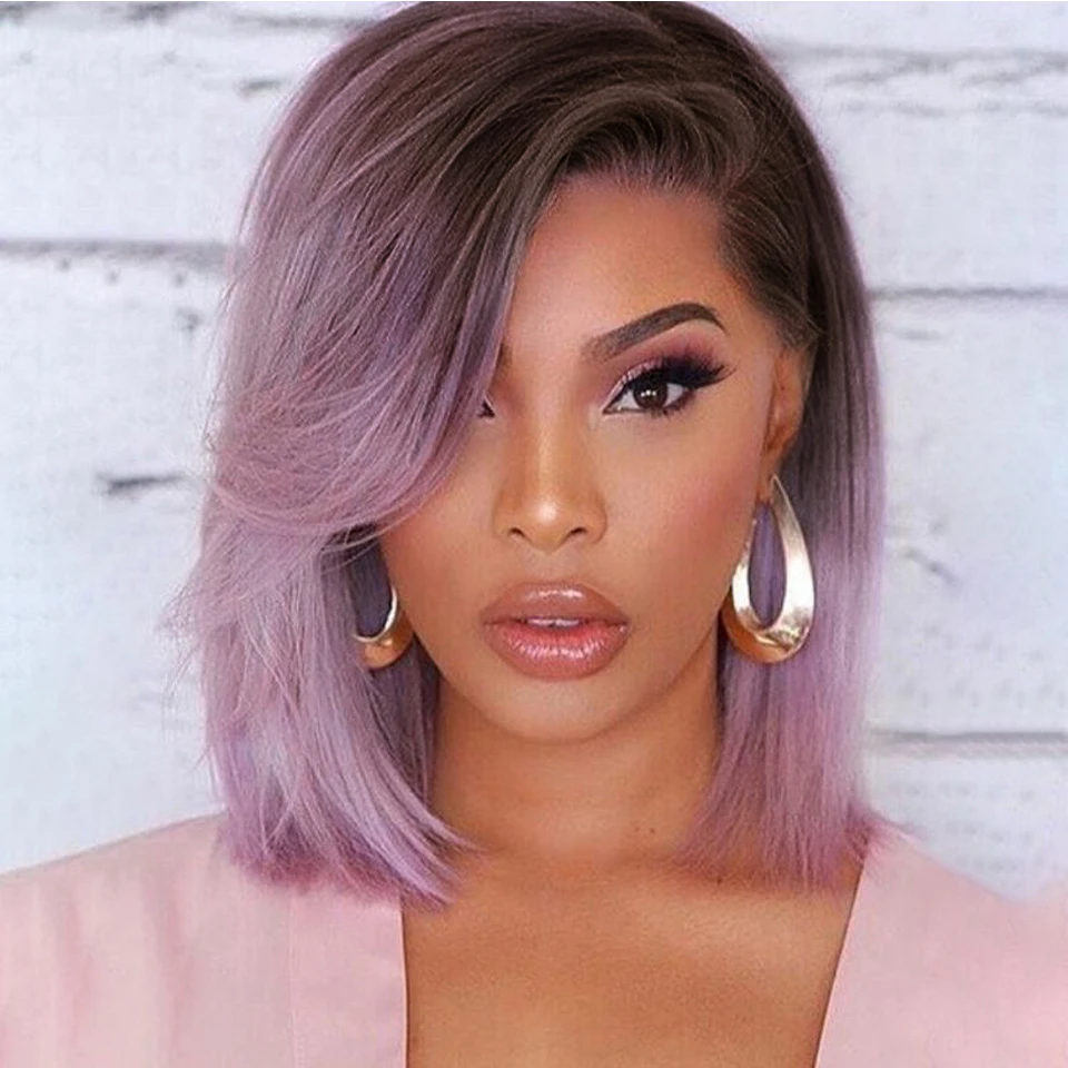 Lace Front Bob Perucas para Mulheres, Ombre T Part, Cabelo Humano Brasileiro, Roxo, Liso, Curto, 13x1x6