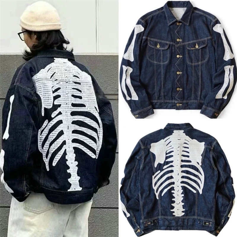 

New 25FW Hirata Hiroshi Japanese Dark Blue Denim Lapel Bone Embroidery Loose Jacket New Top Quality Men Coats