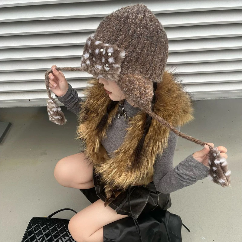 Gorro de piel Original Y2K subcultura harajuku remache protección para los oídos jersey versátil sombrero muy cálido sombrero de invierno accesorios de mujer