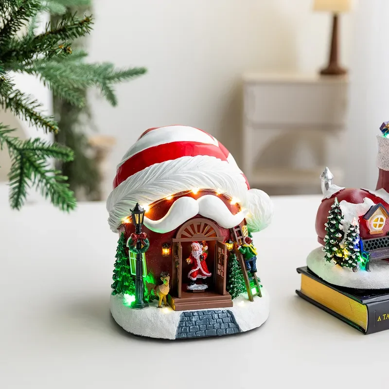 Automatic Rotating Christmas Music Box with Glowing Santa Hat and Boots Design Festive Tabletop Decoration for Holiday Home