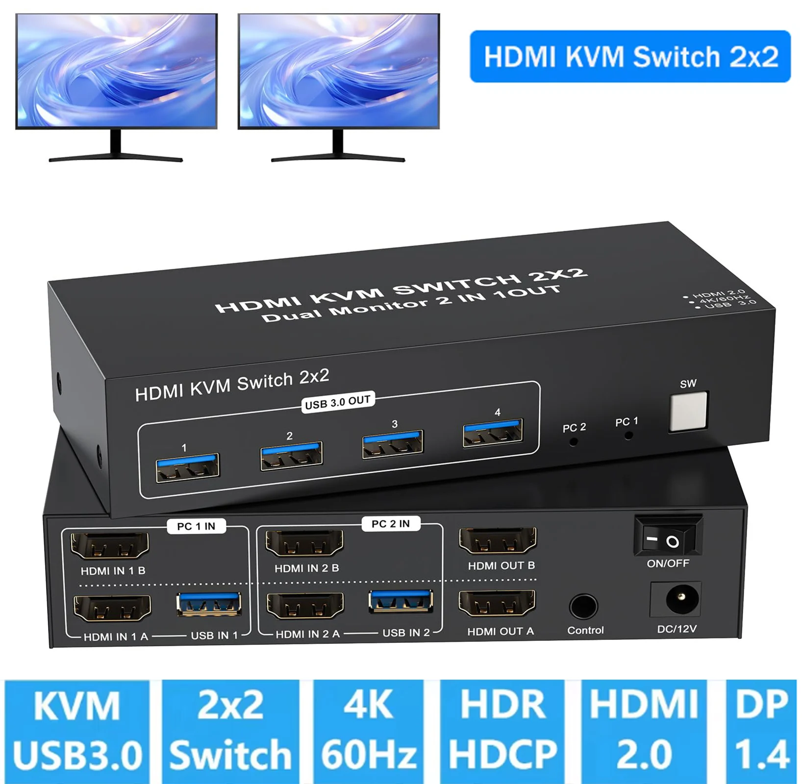 

KVM-переключатель HDMI, 2 монитора, 2 компьютера, 4K при 60 Гц, двойной монитор KVM-переключатель, 2 шт., расширенный дисплей для 2-портового разрешения, 4 концентратора USB 3.0