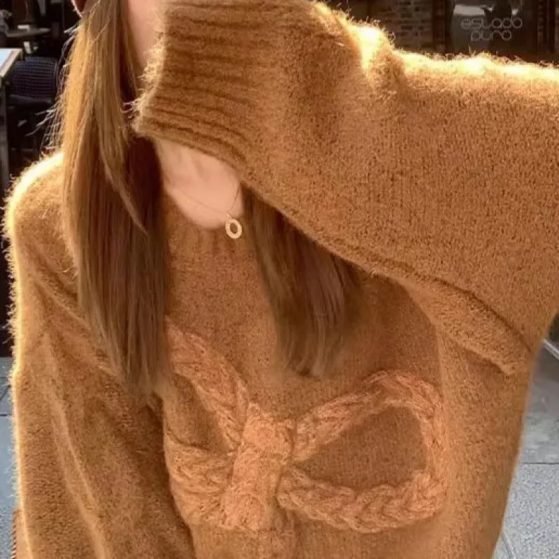 

Женский пуловер в ленивом стиле с узлом-бабочкой, осенью и зимой, новинка 2025, свободный вязаный свитер в корейском стиле