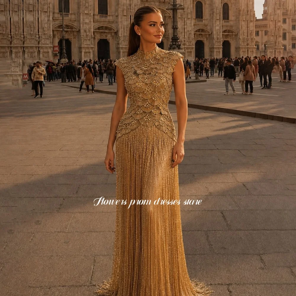 Flowers Gold Prom Dress with Beads Straight Party Dress with Tassels High Neck Evening Dress فساتين مناسبة رسمية Customized