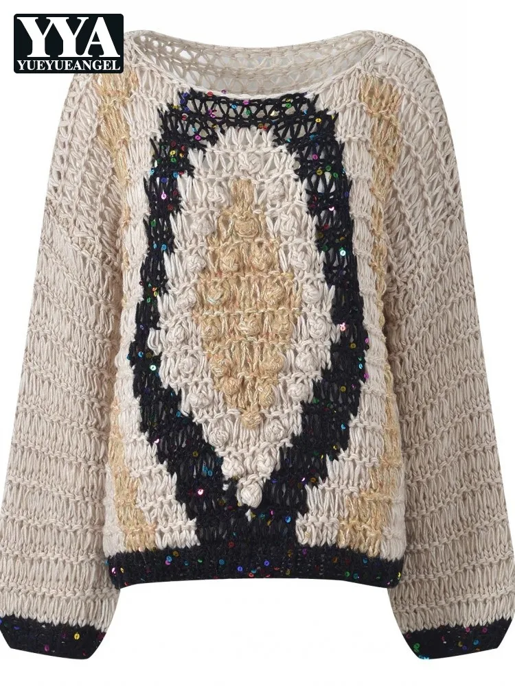 

Autumn Vintage Knitwear Women Casual Pullover Sweater Long Sleeve Fashion Sequined Loose Fit Hollow Out Harajuku Knitted Tops