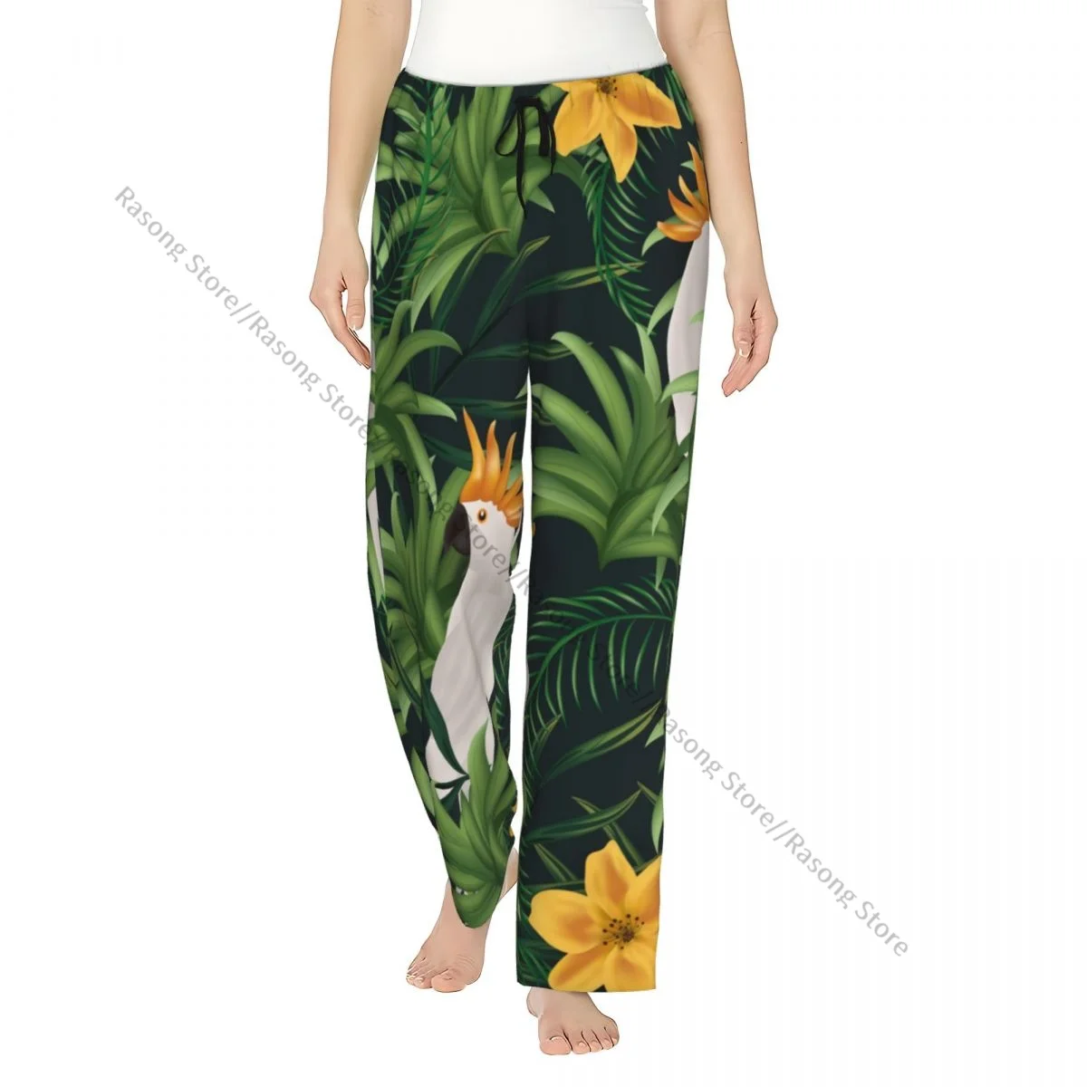 

Tropical Leaves Parrots Women Sleep Pants Warm Flannel Lounge Pants for Winter Nights
