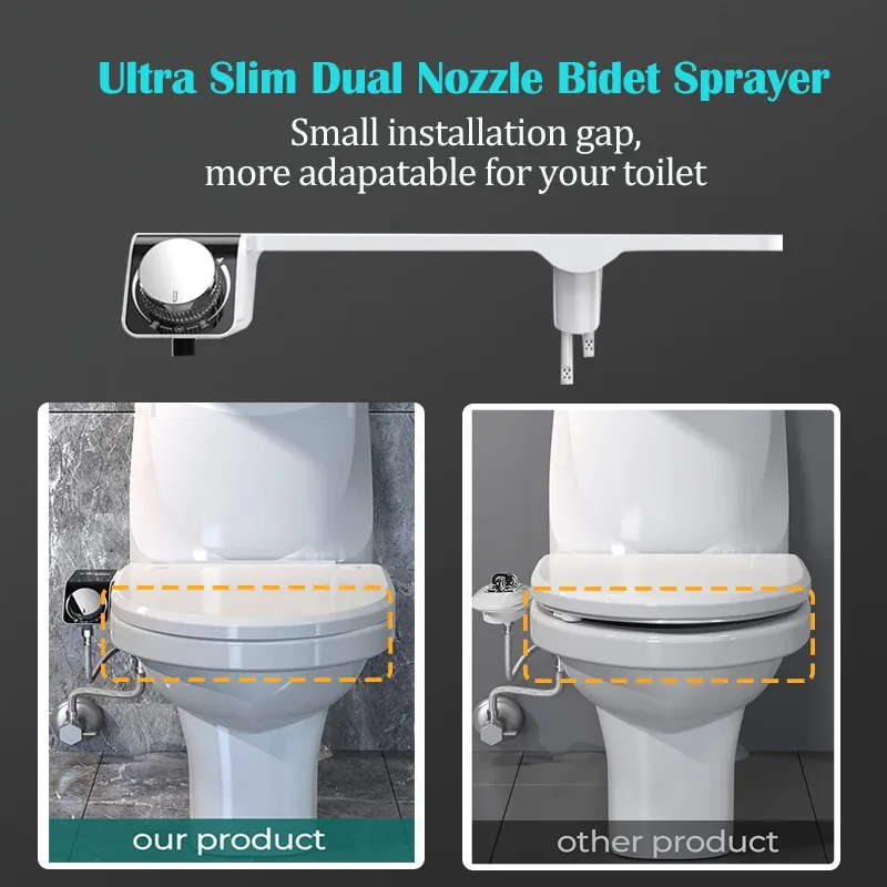 Ultra-Slim Toilet Bidet Attachment Cold Water Sprayer Dual Nozzles Non-Electric Bathroom Self Cleaning Bidet Accessories Sprayer