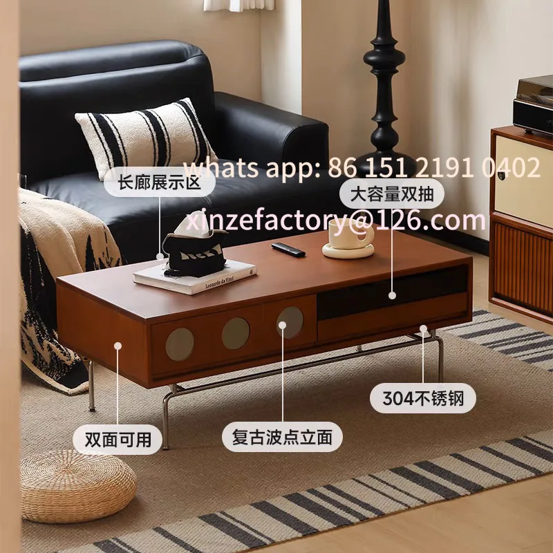

Customizable retro solid wood coffee table small apartment living room simple stainless steel