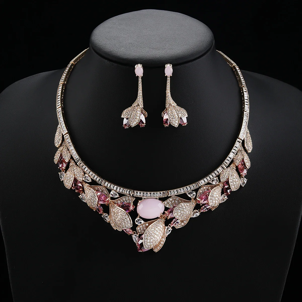 

Trendy Statement Tulips Florals Necklace Earring Sets Women Wedding Full Cubic Zircon Dubai Bridal Jewelry Set CN11117