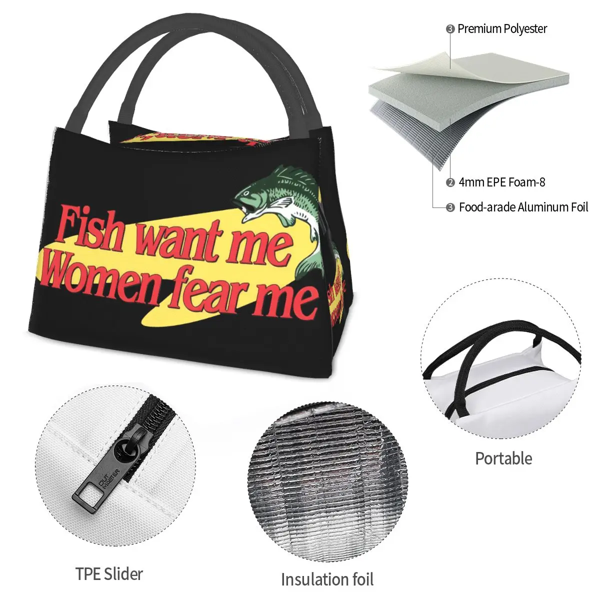 Fish Want Me Women Fear Me Portable insulation bag for Cooler Food Office Pinic Container