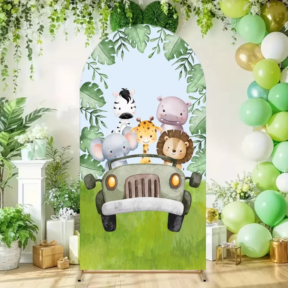 

Safari Jungle Animals Arch Backdrop Cover Baby 1st Birthday Party Baby Shower Kids Portrait Arched Background Stretch Fabric
